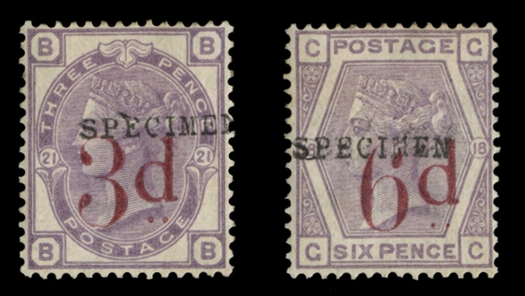 GREAT BRITAIN  (94S-95S) 1883 3p on 3p violet and 6p on 6p violet, each overprinted Specimen, h.r., fine (SG 159s,162s) £600