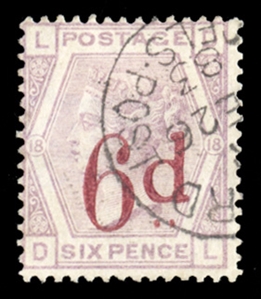 GREAT BRITAIN (95a) 1883 6d on 6 lilac, Plate 18, double surcharge, used, clear part "1883", usual centering, with 2024 Royal certificate. Only two examples are recorded to exist, the other...
