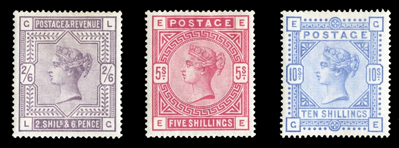 GREAT BRITAIN (96,108-109) 1883-84 Queen Victoria, 2sh6p lilac, 5sh carmine rose and 10sh ultramarine, h.r., fine-v.f. (SG 178/182) £3,825