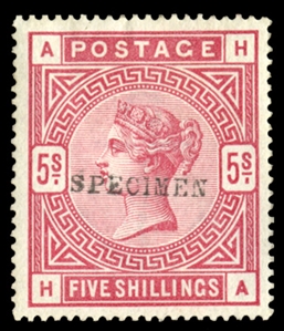 GREAT BRITAIN (108S) 1884 5sh carmine rose, overprinted Specimen in black, h.r., v.f. (SG 181s) £450