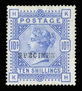 GREAT BRITAIN (109bS) 1884 10sh ultramarine, Bluish Paper, overprinted Specimen in black, h.r., fine (SG 177s) £2,850
