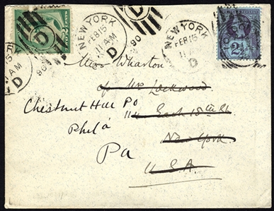 GREAT BRITAIN (114) 1890 (Feb) cover from London to USA, franked with 2 1/2d violet prepaying the UPU letter rate to New York, re-directed to Philadelphia with US 2c green Banknote (pulled perf....