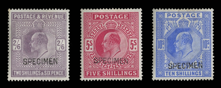 GREAT BRITAIN (139-141S) 1902-11 KEVII, 2sh6p-10sh, set of three, overprinted Specimen in black, h.r., fine-v.f. (SG 260s/265s) £1,250