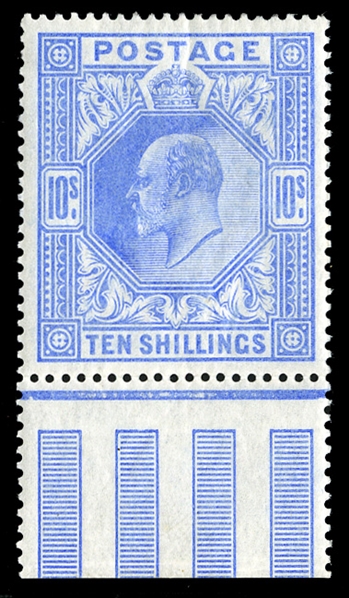 GREAT BRITAIN (141) 1902-11 10sh ultramarine, bottom margin single, barest trace of a hinge, v.f., cat. $1,000