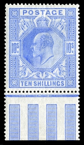 GREAT BRITAIN (141) 1902-11 10sh ultramarine, bottom margin single, barest trace of a hinge, v.f., cat. $1,000