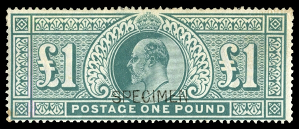 GREAT BRITAIN (142S) 1902-11 £1 blue green, overprinted Specimen in black, part original gum (heavy adhesion at top), faint toned spot, otherwise fine (SG 266s) £1,400