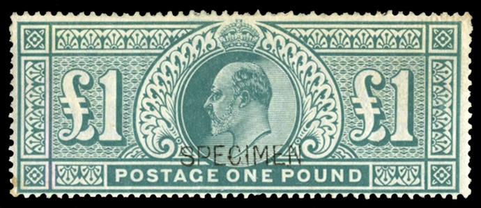 GREAT BRITAIN (142S) 1902-11 £1 blue green, overprinted Specimen in black, part original gum (heavy adhesion at top), faint toned spot, otherwise fine (SG 266s) £1,400