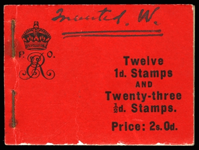 GREAT BRITAIN (SG BA2) 1906 KEVII unexploded 2sh booklet, red cover with black inscriptions, stapled at left, panes include 1/2p with green cross, ink (postmasters?) notation on front cover,...