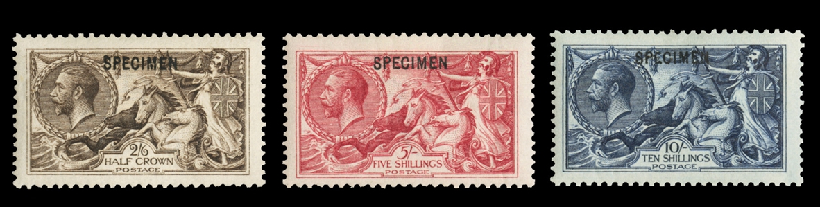 GREAT BRITAIN (173-175S) 1913 Seahorses, 2sh6p-10sh, set of three, overprinted Specimen in black, heavy h.r., fine-v.f. (SG 399s/402s) £2,800
