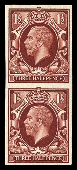 GREAT BRITAIN (212P) 1934 1 1/2p red brown, imperf. trial color, vertical pair, n.h., v.f. (SG 441P)