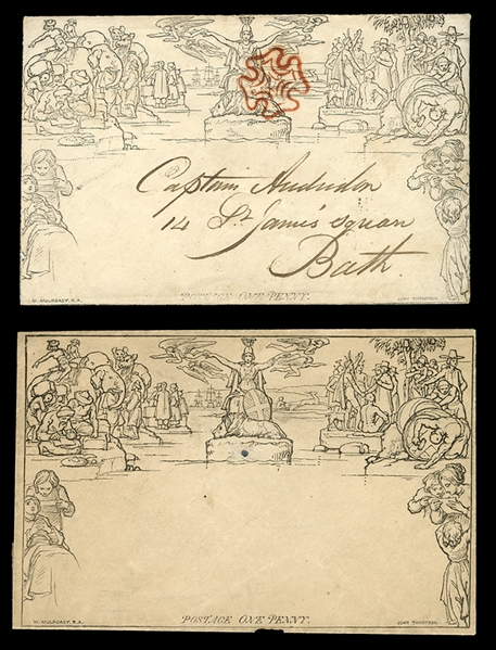 GREAT BRITAIN Postal Stationery (U1,3) 1840 Mulready, One Penny black, used envelope to Bath, red MC cancel, also unused lettersheet, fine-v.f., cat. $1000