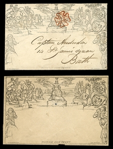 GREAT BRITAIN Postal Stationery (U1,3) 1840 Mulready, One Penny black, used envelope to Bath, red MC cancel, also unused lettersheet, fine-v.f., cat. $1000
