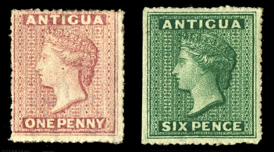 BRITISH COMMONWEALTH ANTIGUA (2,4) 1863-67 Queen Victoria (rough perf. 14-16), 1p dull rose, 6p green, unused with gum, h.r., nice colors, fine (SG 6,8) £820