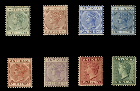 BRITISH COMMONWEALTH ANTIGUA (12-19) 1882-86 1/2p-1sh, also engraved 1p carmine and 6p deep green, eight different, unused, nice colors, fresh and fine (SG 21-23, 25-30) £669