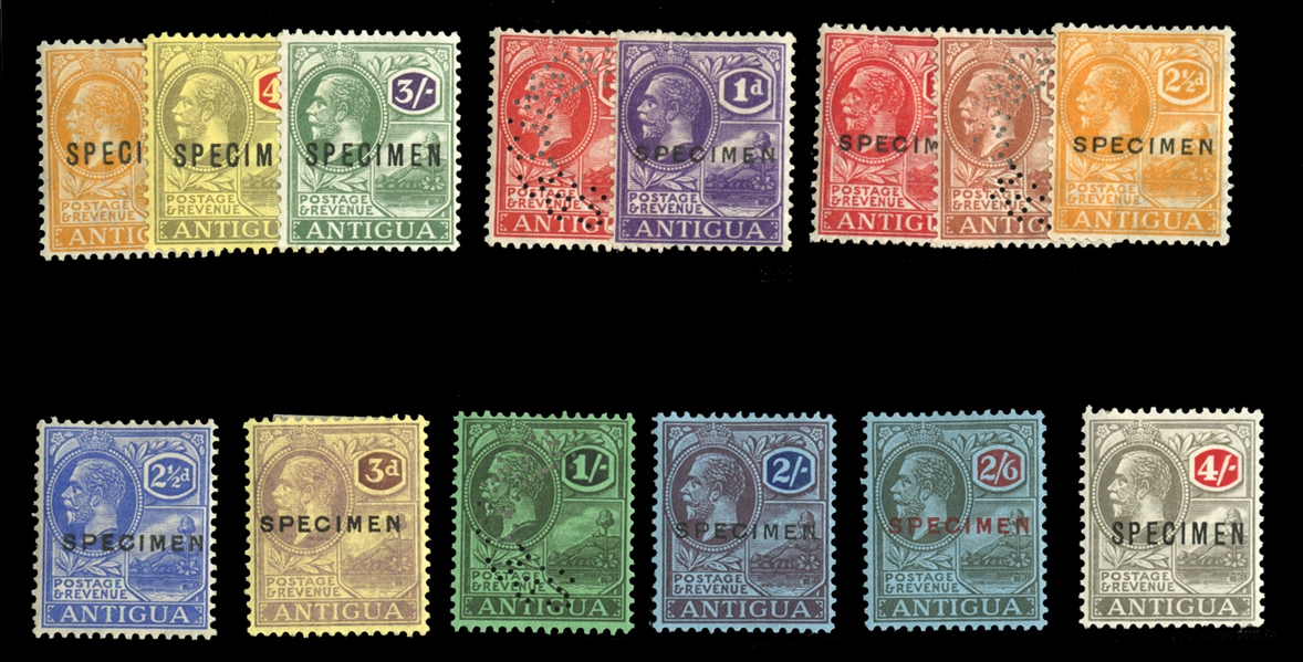 BRITISH COMMONWEALTH ANTIGUA (43/57S) 1921-29 George V, 1p-4sh, 14 different including all Shilling values, overprinted or perforated Specimen, h.r., fine-v.f. (SG 63/80s, value for complete...