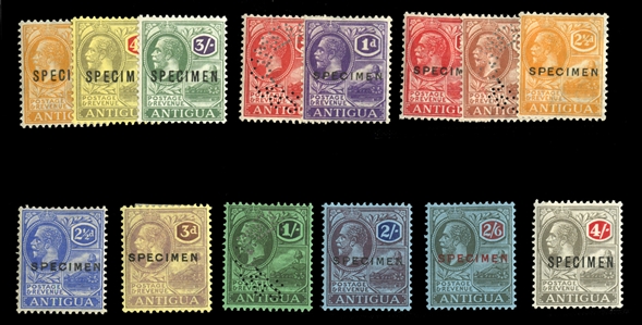 BRITISH COMMONWEALTH ANTIGUA (43/57S) 1921-29 George V, 1p-4sh, 14 different including all Shilling values, overprinted or perforated Specimen, h.r., fine-v.f. (SG 63/80s, value for complete...