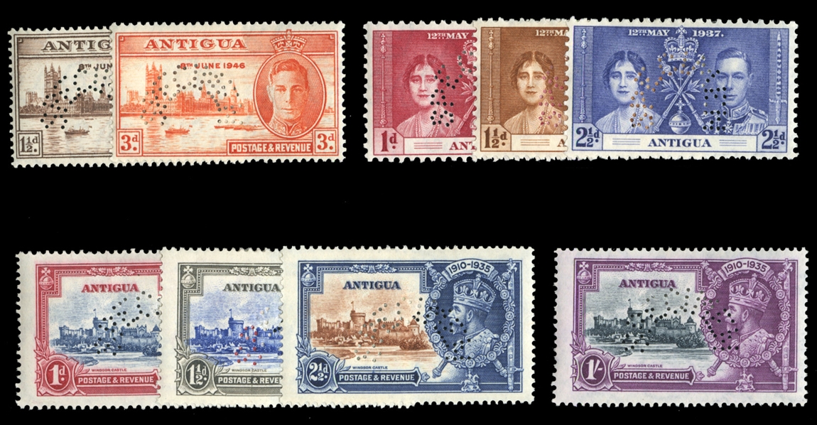 BRITISH COMMONWEALTH ANTIGUA (77-83,96-97S) 1935-46 Silver Jubilee, Coronation and Peace sets, all stamps perforated Specimen, h.r., fine-v.f. (SG 91-97,110-11s) £300