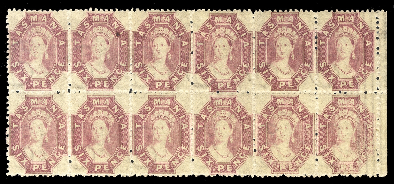 BRITISH COMMONWEALTH AUSTRALIAN STATES - Tasmania (32) 1864 6p red lilac, right sheet margin block of 12, top stamps l.h., bottom stamps n.h., nice color, usual centering, second stamp from the...