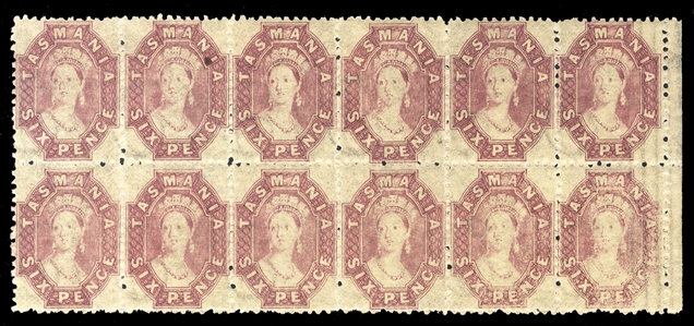 BRITISH COMMONWEALTH AUSTRALIAN STATES - Tasmania (32) 1864 6p red lilac, right sheet margin block of 12, top stamps l.h., bottom stamps n.h., nice color, usual centering, second stamp from the...