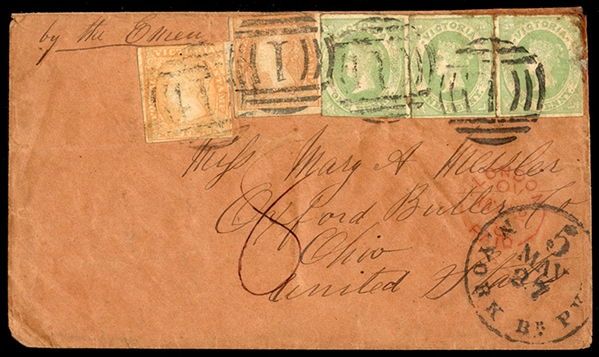 BRITISH COMMONWEALTH AUSTRALIAN STATES - Victoria 1858 cover addressed to Oxford Butler Co. Ohio, United States, endorsed "by the Queen", franked with 6p yellow orange (2) and 1p yellow green...