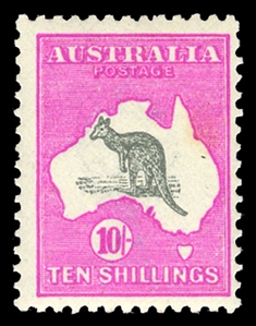 BRITISH COMMONWEALTH AUSTRALIA (55) 1915-24 10sh bright pink and gray, l.h., bright color, toned spot on gum, otherwise fine, cat. $650