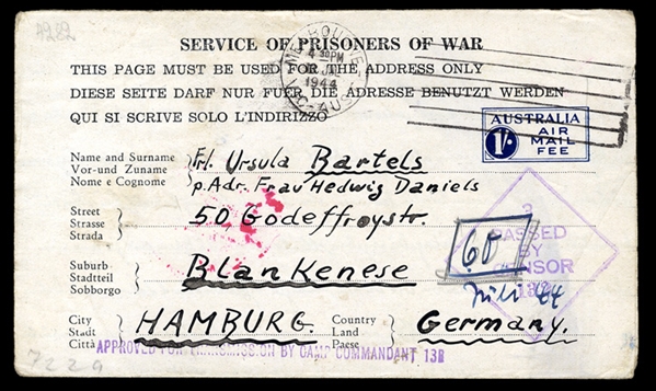 BRITISH COMMONWEALTH AUSTRALIA Postal Stationery 1944 1s blue Air Mail Fee postal stationery letter sheet for use by enemy prisoners of war held in Australia, used with Melbourne machine canc....
