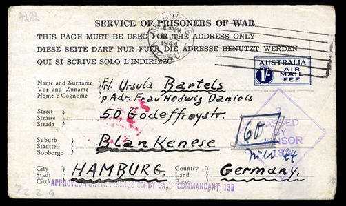 BRITISH COMMONWEALTH AUSTRALIA Postal Stationery 1944 1s blue Air Mail Fee postal stationery letter sheet for use by enemy prisoners of war held in Australia, used with Melbourne machine canc....