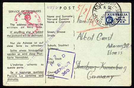 BRITISH COMMONWEALTH AUSTRALIA Postal Stationery 1944 6d blue Air Mail Fee postal stationery post card for use by enemy prisoners of war held in Australia, used with "Ship Mail Room Melbourne"...