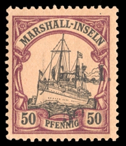 BRITISH COMMONWEALTH AUSTRALIAN TERRITORIES - New Britain (SG 57var) 1914 5d surcharge on 50pf black & purple, buff (as Type 1, 5mm spacing), Gibbs Setting 2, pos.6, variety faint "d", l.h.,...