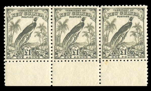 BRITISH COMMONWEALTH AUSTRALIAN TERRITORIES - New Guinea 1932 undated, £1 olive gray, bottom sheet margin strip of three, n.h., v.f.
