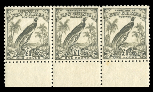 BRITISH COMMONWEALTH AUSTRALIAN TERRITORIES - New Guinea 1932 undated, £1 olive gray, bottom sheet margin strip of three, n.h., v.f.