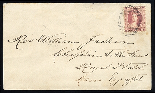 BRITISH COMMONWEALTH BAHAMAS 1887 (Feb) cover (backflap missing), with full letter of contents, written in Abaco, addressed to Rev. William Jackson, Chaplain to the Forces, Royal Hotel, Cairo,...