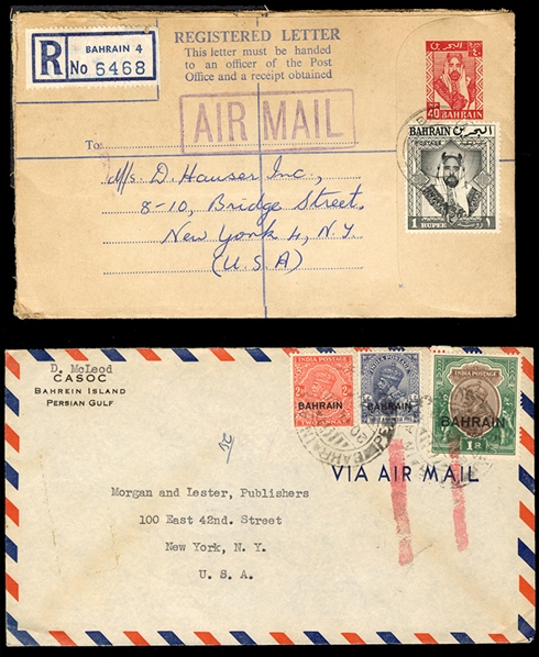 BRITISH COMMONWEALTH BAHRAIN 1940 (20 Feb) flown cover to New York, franked with overprinted George V 3a6p and 1r, tied by two "‘Bahrain Persian Gulf" double-circle cds, also 1963 40np red on...