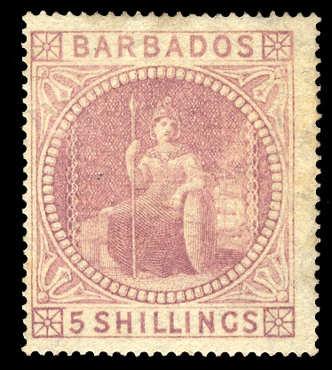 BRITISH COMMONWEALTH BARBADOS (23) 1873 5sh dull rose, unused, good color, minor flaws, fine appearance (SG 64) £950