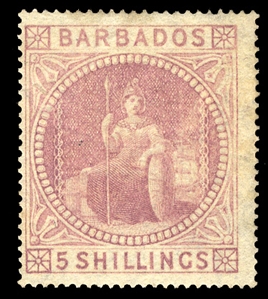 BRITISH COMMONWEALTH BARBADOS (23) 1873 5sh dull rose, unused, good color, minor flaws, fine appearance (SG 64) £950