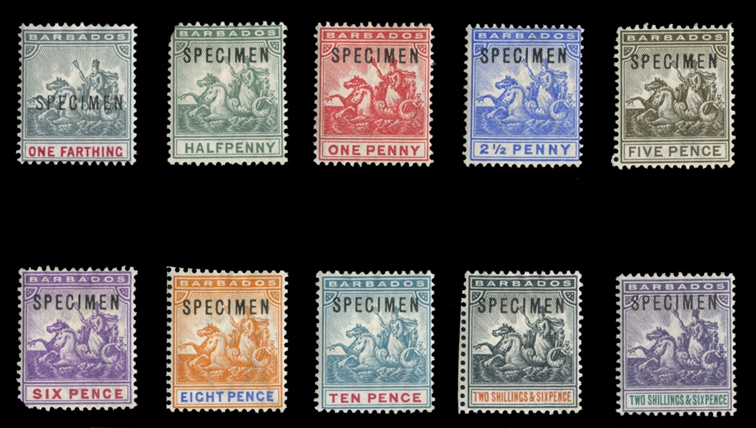 BRITISH COMMONWEALTH BARBADOS (70/80S) 1892-1903 1/4p-2sh6p, complete except for 2p, overprinted Specimen, h.r., some faults, otherwise fine-v.f. (SG 105/115s) £275