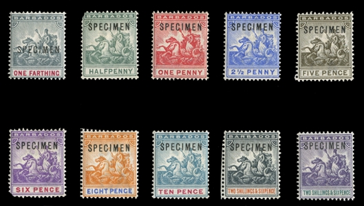 BRITISH COMMONWEALTH BARBADOS (70/80S) 1892-1903 1/4p-2sh6p, complete except for 2p, overprinted Specimen, h.r., some faults, otherwise fine-v.f. (SG 105/115s) £275