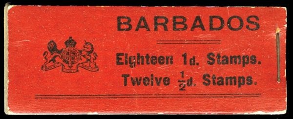 BRITISH COMMONWEALTH BARBADOS (SG SB3) 1916 unexploded 2sh booklet, black on red covers, stapled at right, with twelve 1/2d green and eighteen 1d carmine, all in pairs, n.h., but some gum toning,...