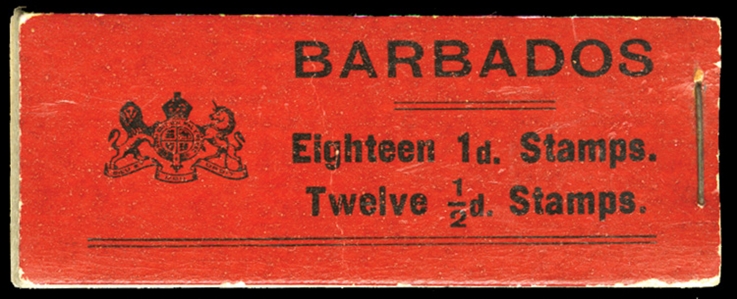 BRITISH COMMONWEALTH BARBADOS (SG SB3) 1916 unexploded 2sh booklet, black on red covers, stapled at right, with twelve 1/2d green and eighteen 1d carmine, all in pairs, n.h., but some gum toning,...