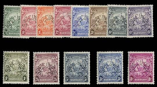 BRITISH COMMONWEALTH BARBADOS (193/201A) 1938-47 1/2p-5sh, 13 values (missing three low values), perforated Specimen, h.r., fine-v.f. (SG 248/256a) £450