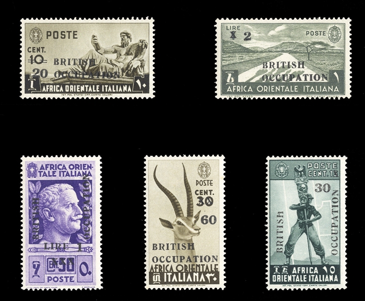 BRITISH COMMONWEALTH BRITISH OCCUPATION OF ITALIAN EAST AFRICA  ( Sass.2/I-7/I) 1941 overprinted "British Occupation" and additionally surcharged 20c-2L in black, set of five values, never hinged,...
