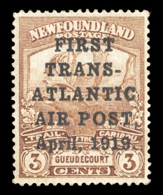 BRITISH COMMONWEALTH CANADIAN PROVINCES - Newfoundland Air Post ( C1) 1919 Caribou 3c brown overprinted "FIRST / TRANS- / ATLANTIC / AIR POST / April, 1919", the so-called "Hawker", lightly...