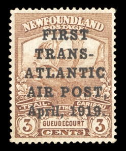 BRITISH COMMONWEALTH CANADIAN PROVINCES - Newfoundland Air Post ( C1) 1919 Caribou 3c brown overprinted "FIRST / TRANS- / ATLANTIC / AIR POST / April, 1919", the so-called "Hawker", lightly...