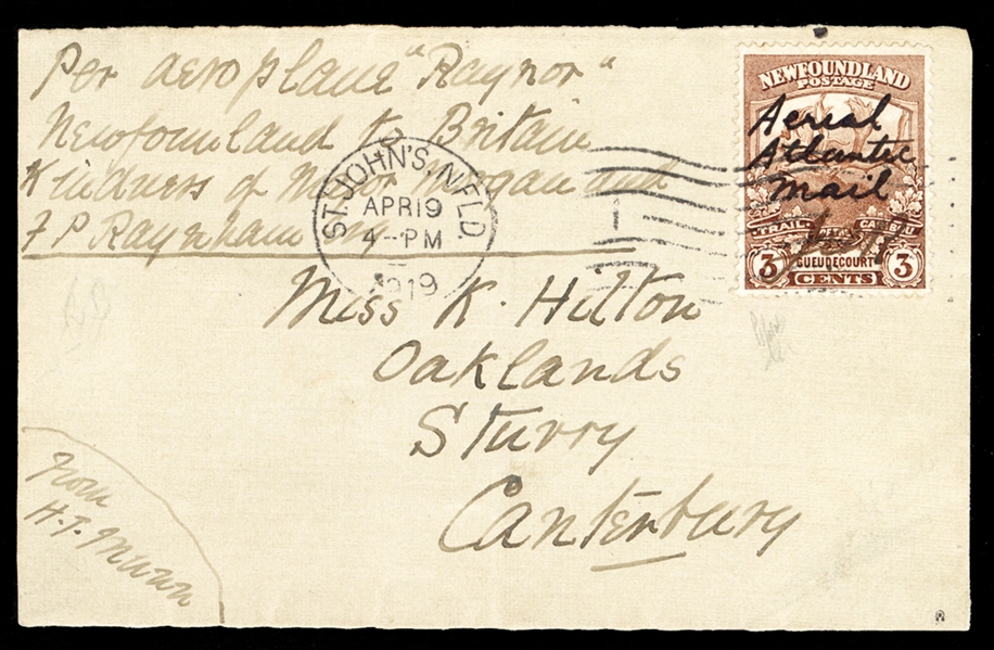 BRITISH COMMONWEALTH CANADIAN PROVINCES -  Newfoundland Air Post (C1a) 1919 The Great Transatlantic Race "The Martinsyde Raymor-Raynham and Morgan", 3c red brown, with manuscript overprint "Aerial...