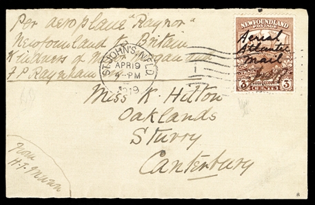 BRITISH COMMONWEALTH CANADIAN PROVINCES -  Newfoundland Air Post (C1a) 1919 The Great Transatlantic Race "The Martinsyde Raymor-Raynham and Morgan", 3c red brown, with manuscript overprint "Aerial...