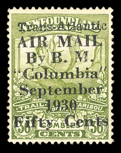 BRITISH COMMONWEALTH CANADIAN PROVINCES - Newfoundland Air Post ( C5) 1919 50c on 36c olive green, the "Miss Columbia", well centered, h.r., v.f., signed Sanabria, cat. $9,000