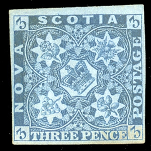 BRITISH COMMONWEALTH CANADIAN PROVINCES - Nova Scotia (3) 1851 3p dark blue, heavy h.r., ample margins all around, faint toning at bottom, good color and excellent impression, fine and attractive...