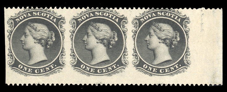 BRITISH COMMONWEALTH CANADIAN PROVINCES - Nova Scotia (8c) 1860 1c black, horizontal part imprint sheet margin strip of three, imperf. vertically, small h.r., fresh and fine (SG 18a,£400)
