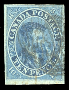 BRITISH COMMONWEALTH CANADA (7) 1851 10p blue, used, light pen and grid cancels, large margins all around, v.f., with 1981 Greene Foundation certificate, cat. $1,650