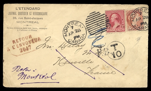 BRITISH COMMONWEALTH CANADA 1891 (28 April) cover from Montreal to France, with 3c franking supplemented by United States 2c carmine, with departure cds alongside, various English and French...
